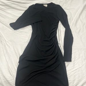 Black fall winter asymmetric ruched long sleeve fitted dress